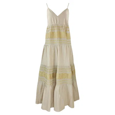 Haris Cotton Women's Neutrals Linen Maxi Strap Dress With Embroidered Panels Beach Sand Gold In Yellow