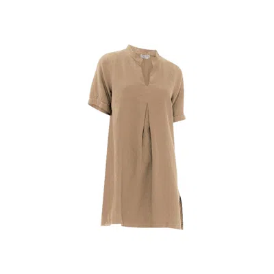 Haris Cotton Women's Neutrals Mandarin Neck Linen  Cami Dress With Flutter Sleeves Beach Sand In Orange