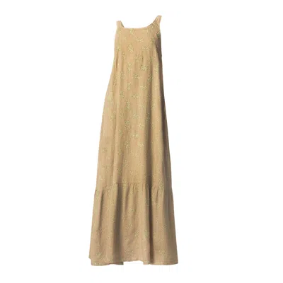 Haris Cotton Women's Neutrals Maxi Embroidered Linen Dress With Straps Beach Sand-green