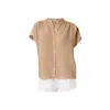 Haris Cotton Women's Neutrals Short Sleeved Linen Shirt With Mandarin Neck Beach Sand In Orange
