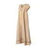 Haris Cotton Women's Neutrals Short Sleeved Loose Maxi Linen Dress With Lace Details Beach Sand
