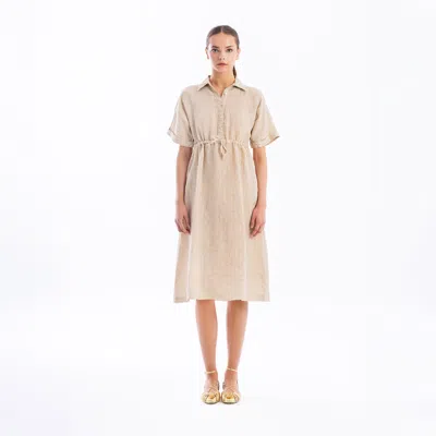 Haris Cotton Women's Neutrals Striped Linen Button Front Dress With Drawstring Waist Beach Sand Gold In Yellow