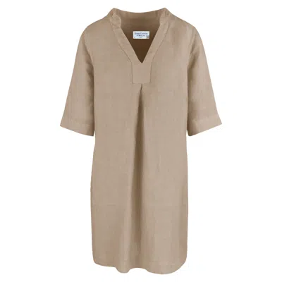 Haris Cotton Women's Neutrals “v” Neck Line Linen Dress - Beach Sand