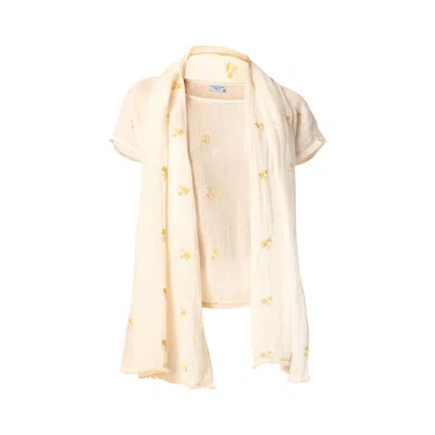 Haris Cotton Women's Neutrals / White Linen Gauze Blouse With Embroidery And Pleats At The Bottom Ecru-gold
