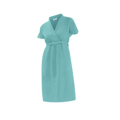 Haris Cotton Women's Notched Neckline Belted Linen Dress With Batwing Sleeve Crystal Blue