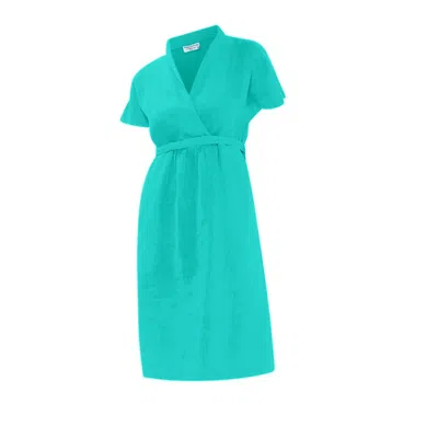 Haris Cotton Women's Notched Neckline Belted Linen Dress With Batwing Sleeve Island Green