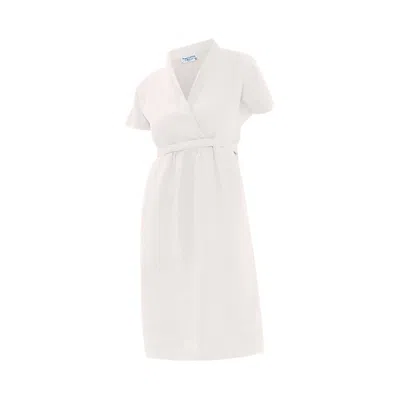 Haris Cotton Women's Notched Neckline Belted Linen Dress With Batwing Sleeve White