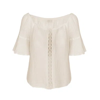 Haris Cotton Women's Off Shoulder Textured Cotton Blouse With Sheer Lace White