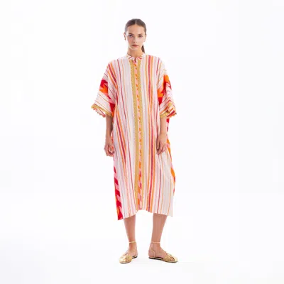 Haris Cotton Women's Orange / White / Red Lace Insert Button-down Embroidered Cotton Kaftan Red Arrow In Multi