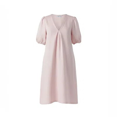 Haris Cotton Women's Pink Linen Dress With Three Quarters Puffy Sleeves And Front Pleat Powder