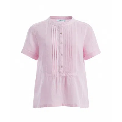 Haris Cotton Women's Pink Linen Short Sleeve Blouse With Pintucks And Button Front Powder