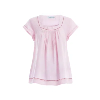 Haris Cotton Women's Pink Linen Short Sleeve Blouse With Pintucks And Lace Trim Powder
