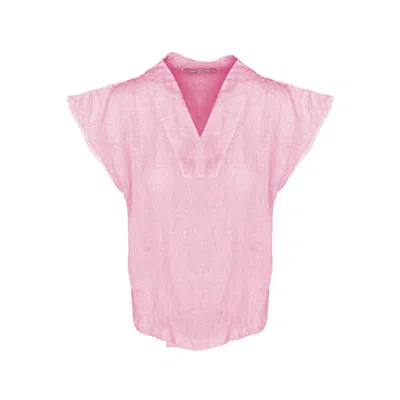 Haris Cotton Women's Pink Linen V-neck Blouse With Short Flutter Sleeves Powder