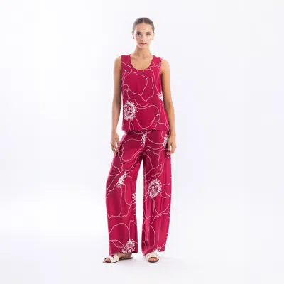 Haris Cotton Women's Pink Printed Satin Pants Fuchsia Peonies