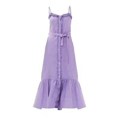 Haris Cotton Women's Pink / Purple Belted Linen Tank With Ruffle Hem And Frills - Lavender In Pink/purple