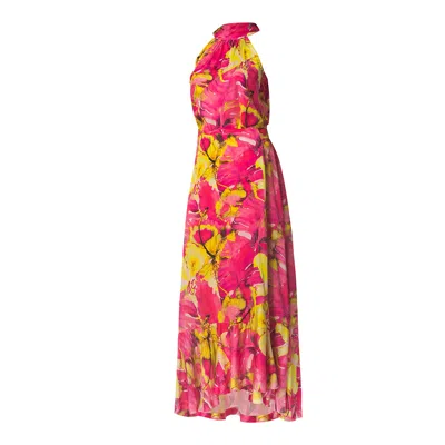 Haris Cotton Women's Pink / Purple Halterneck Printed Satin Top Fuchsia Forest In Pink/purple