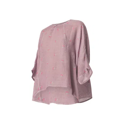 Haris Cotton Women's Pink / Purple Linen Gauze Blouse With Embroidery And Front Pocket Lilac-fuchsia In Pink/purple
