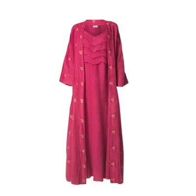 Haris Cotton Women's Pink / Purple Linen Gauze Kimono With Blossom Embroidery And Belt Berry Gold In Pink/purple