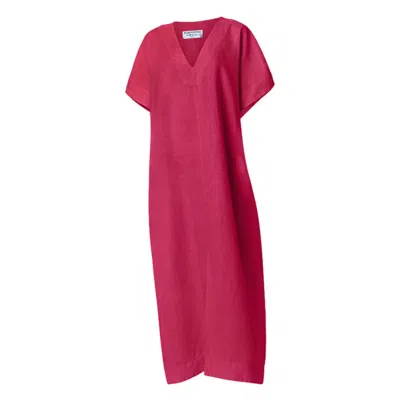 Haris Cotton Women's Pink / Purple Loose Short Sleeved Linen Dress With V Neck Berry In Pink/purple