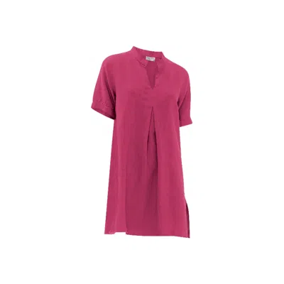 Haris Cotton Women's Pink / Purple Mandarin Neck Linen  Cami Dress With Flutter Sleeves Berry In Pink/purple