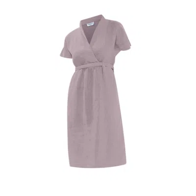 Haris Cotton Women's Pink / Purple Notched Neckline Belted Linen Dress With Batwing Sleeve Dove In Pink/purple