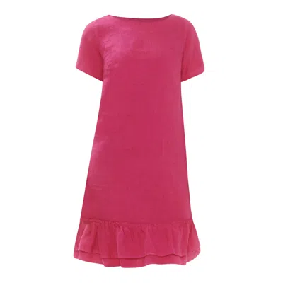 Haris Cotton Women's Pink / Purple Ruffle Hem Linen Dress With Short Sleeves - Fuchsia In Pink/purple