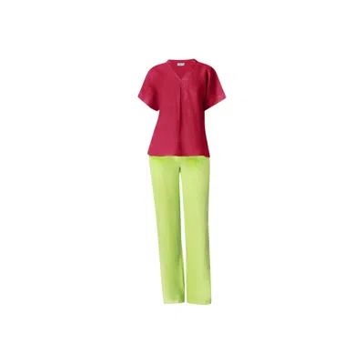 Haris Cotton Women's Pink / Purple Short Sleeved Linen Shirt With Front Pleat And V Neck Berry In Pink/purple