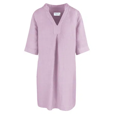 Haris Cotton Women's Pink / Purple “v” Neck Line Linen Dress - Violet In Pink/purple
