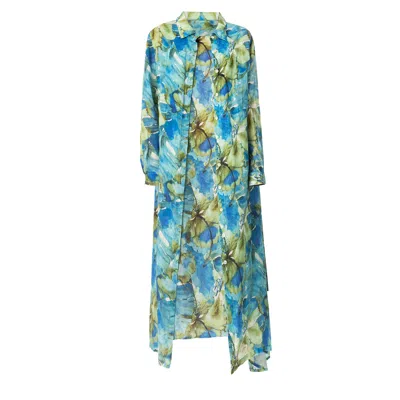 Haris Cotton Women's Printed Button Up Linen Dress With Split Hem Blue Forest