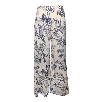 Haris Cotton Women's Printed Linen Blend Bell Bottom Pants - Blue Spring