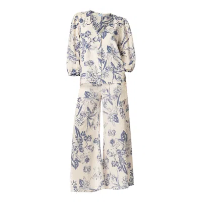 Haris Cotton Women's Printed Linen Blend Drawstring Waist Wide Leg Pants Blue Spring