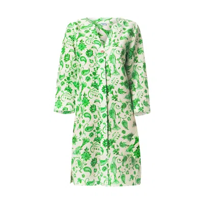 Haris Cotton Women's Printed Linen Blend Dress With Hidden Buttons Green Birds