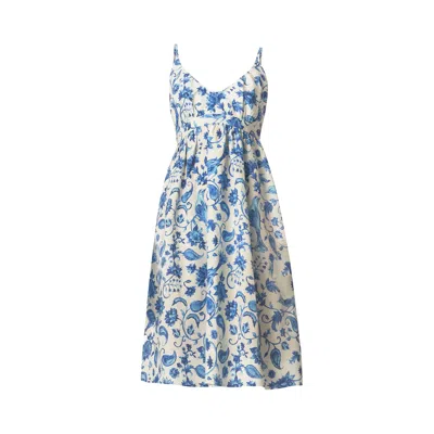 Haris Cotton Women's Printed Linen Blend Dress With Straps Blue Birds