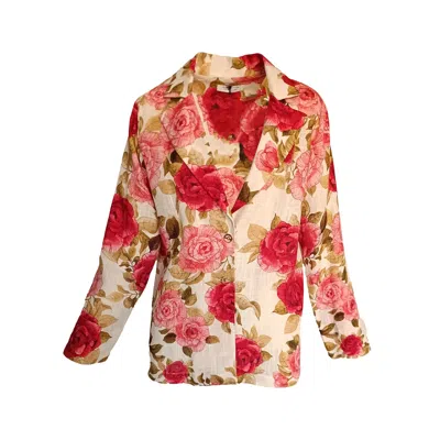 Haris Cotton Women's Printed Linen Blend Jacket With Buttons-red Roses