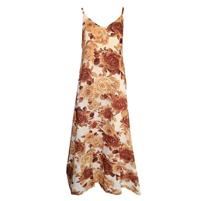 Haris Cotton Women's Printed Linen Blend Maxi Dress With Straps And Slits In Brown