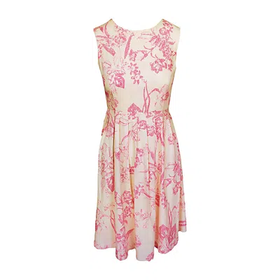 Haris Cotton Women's Printed Linen Blend Sleeveless Knee High Dress With Pleats - Pink Spring