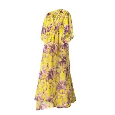 Haris Cotton Women's Printed Linen Gauze Kaftan With Front Puckering Purple Forest