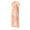 Haris Cotton Women's Printed Linen Gauze Kaftan With Side Slits Red-orange Hibiscus In Orange/red