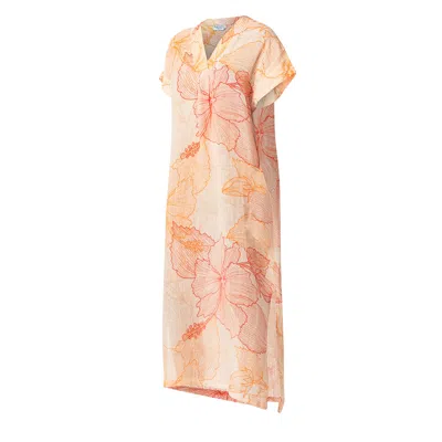 Haris Cotton Women's Printed Linen Gauze Kaftan With Side Slits Red-orange Hibiscus In Orange/red