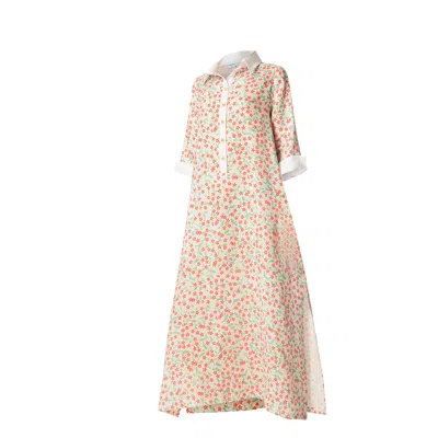 Haris Cotton Women's Printed Linen Kaftan With Front Buttons And White Details Red Starflowers-white