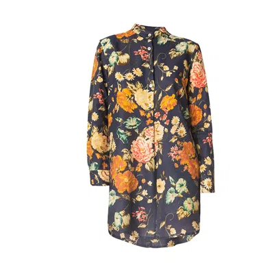 Haris Cotton Women's Printed Linen Mandarin Neck Tunic  Blue Vintage