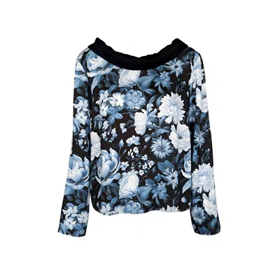 Haris Cotton Women's Printed Satin Blouse With Black Reversed Collar Grey Garden In Multi