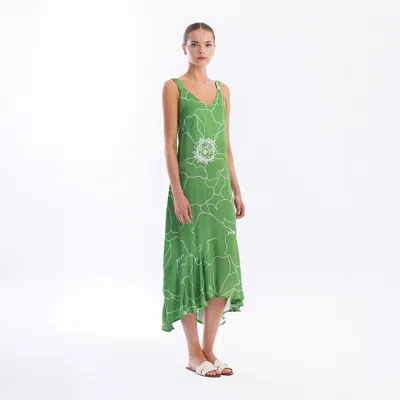 Haris Cotton Women's Printed Satin Maxi Dress With Straps And Ruffled Hem Green Peonies