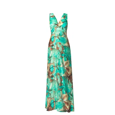Haris Cotton Women's Printed Satin Maxi Sleeveless Dress With V Neck Emerald Forest In Green