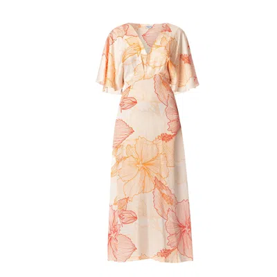 Haris Cotton Women's Printed Satin V Neck Dress With Flutter Sleeves In Orange
