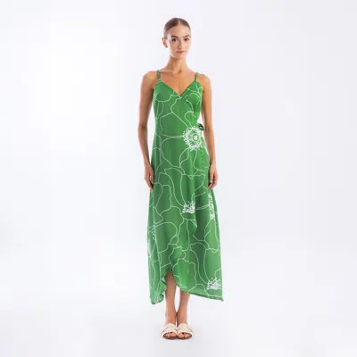Haris Cotton Women's Printed Satin Wrap Maxi Dress With Straps Green Peonies