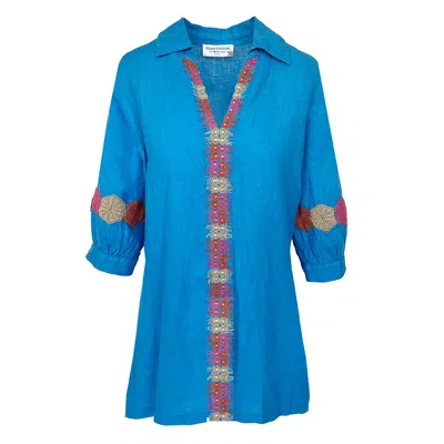 Haris Cotton Women's Puff Sleeves Prismatic Effect Lace Trims Linen Tunic - Santorini Blue
