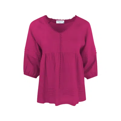 Haris Cotton Women's Purple Flowy Three-quarter Sleeve Blouse With Gathered Detailing Pomegranate In Pink