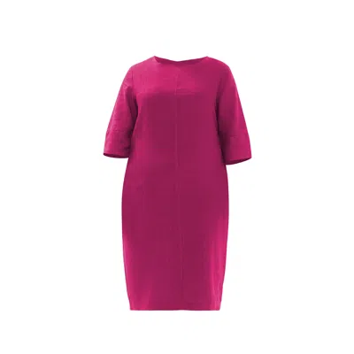 Haris Cotton Women's Purple Keyhole Neckline Curve Midi Linen Dress With Three Quarters Sleeves Pomegranate In Pink