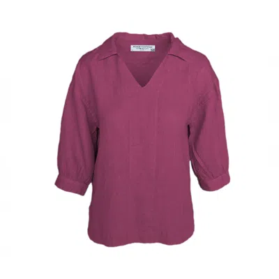 Haris Cotton Women's Purple Linen V-neck Blouse With Collar And Three Quarters Sleeves Tulip